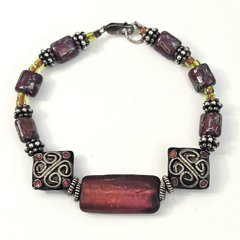 Vintage Sterling Silver Art Glass Bracelet Lampwork Beads Red Purple 7.5"